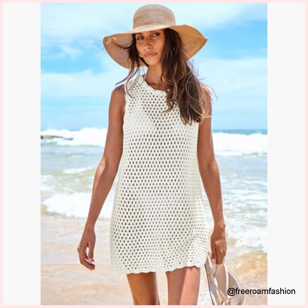 Sleeveless Knit Crochet Mini Beach Dress Coverup Loose Fit - Picture 2 of 7